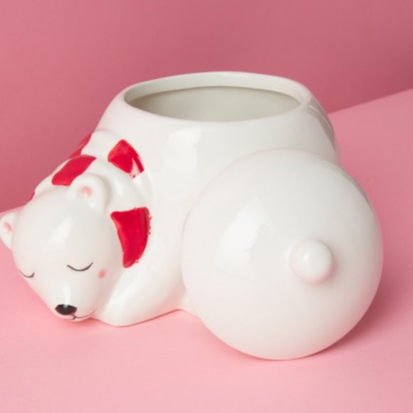 Sealed NWT - MAGENTA NWT 6.5in Ceramic Blushing Polar Bear Canister. Never used - Picture 5 of 5